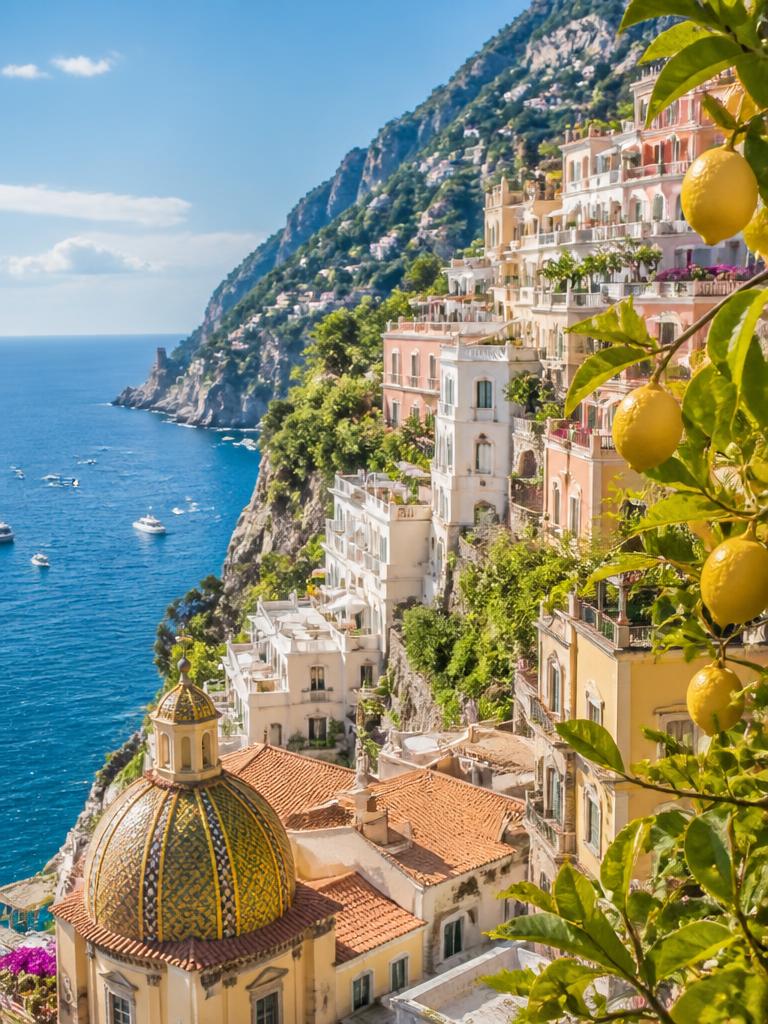 Amalfi Coast village above a blue sea