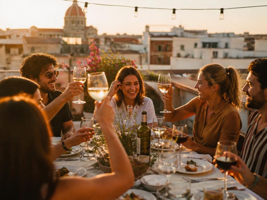Friends toasting at a rooftop dinner at sunset