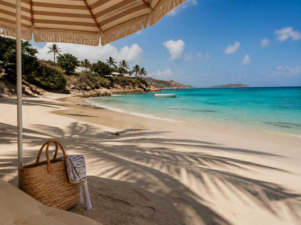 Turquoise tropical beach with a striped umbrella